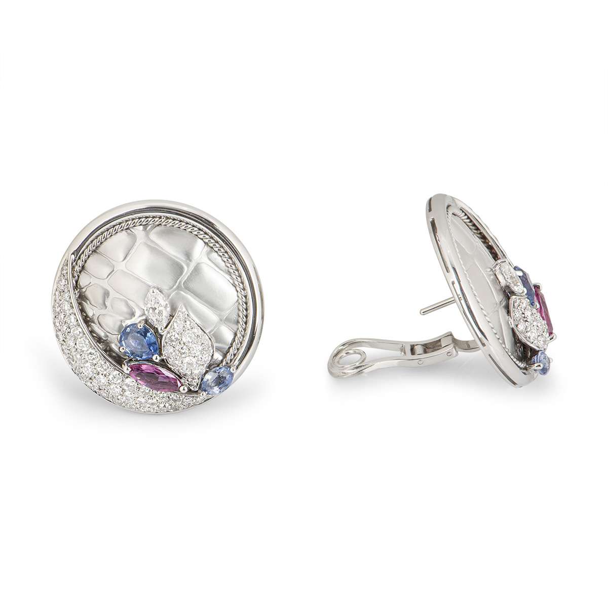 White Gold Diamond, Ruby and Sapphire Earrings